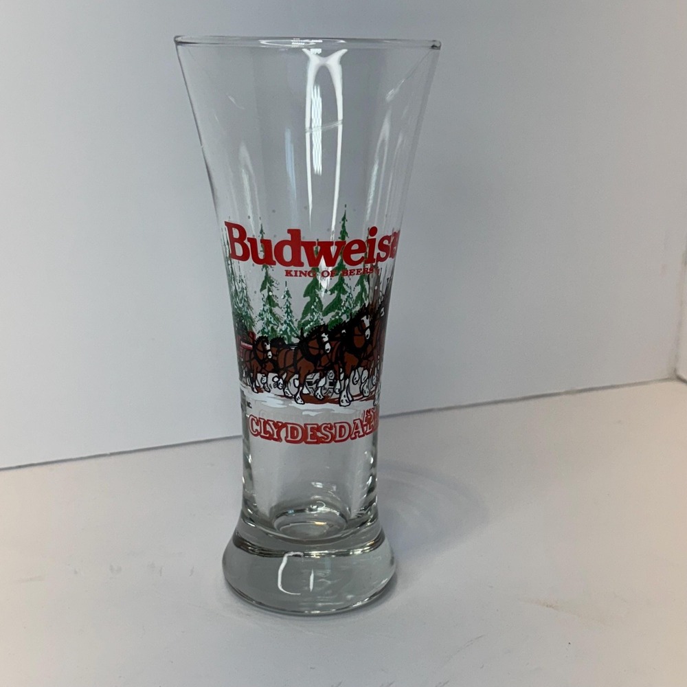 Budweiser Pilsner Beer Glass Clydesdale‎ Christmas Winter 8" Tall VTG 1989 EUC